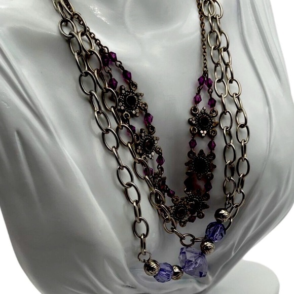 Vintage Layered Silver Chain & Purple Bead Necklace Bracelet Set N57 - Picture 3 of 9